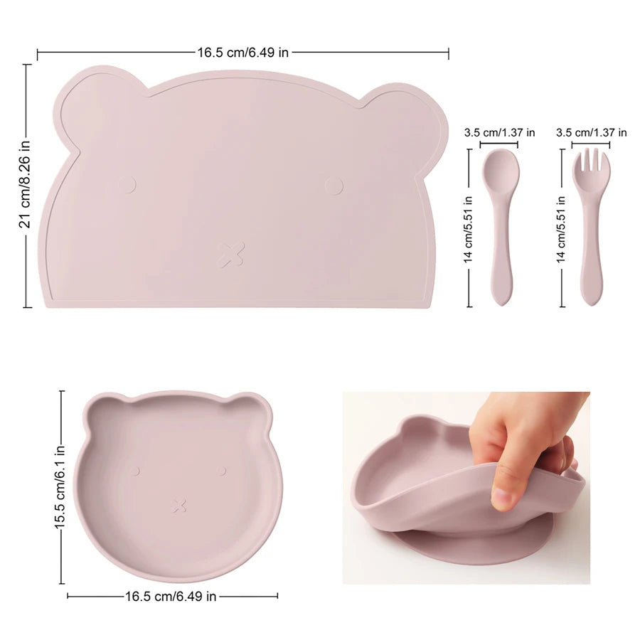 BPA Free 4PCS Silicone Children Tableware Baby Feeding Set Silicone Dinner Plate Spoon Fork Silicone Placemat Baby Stuff