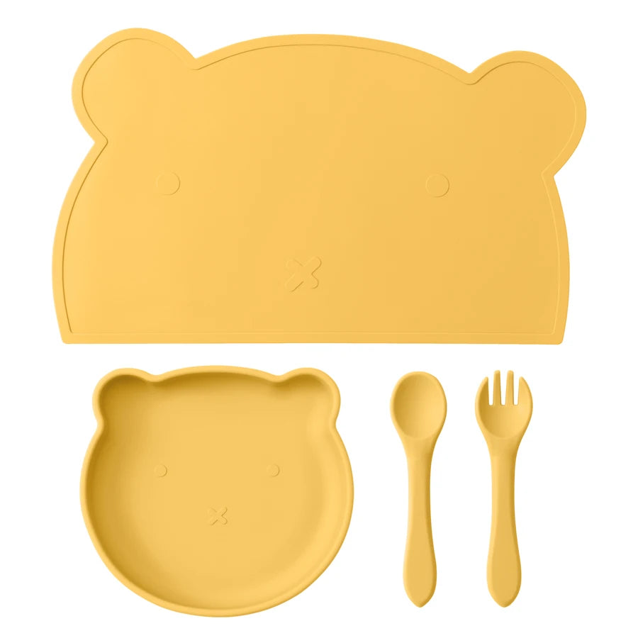 BPA Free 4PCS Silicone Children Tableware Baby Feeding Set Silicone Dinner Plate Spoon Fork Silicone Placemat Baby Stuff
