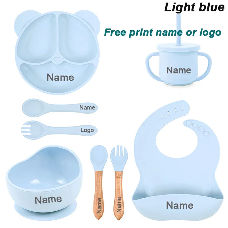 Feeding Set Silicone For Baby Sucker Bowl Dishes Plate For Kids Bear Plate Set Baby Tableware Children's Cup With Straw 8Pcs