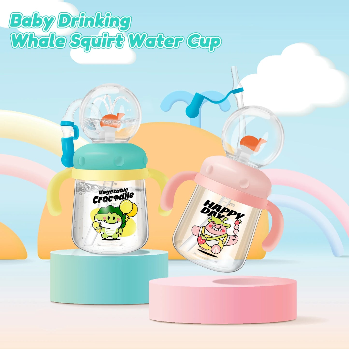300ml Creative Whale Squirt Water Cup Detachable Lovely Baby Drinking Cup Leakproof Protable Kids Outdoor Travel Water Bottle