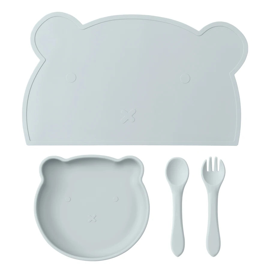 BPA Free 4PCS Silicone Children Tableware Baby Feeding Set Silicone Dinner Plate Spoon Fork Silicone Placemat Baby Stuff