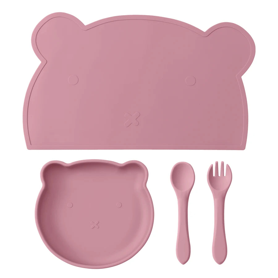 BPA Free 4PCS Silicone Children Tableware Baby Feeding Set Silicone Dinner Plate Spoon Fork Silicone Placemat Baby Stuff