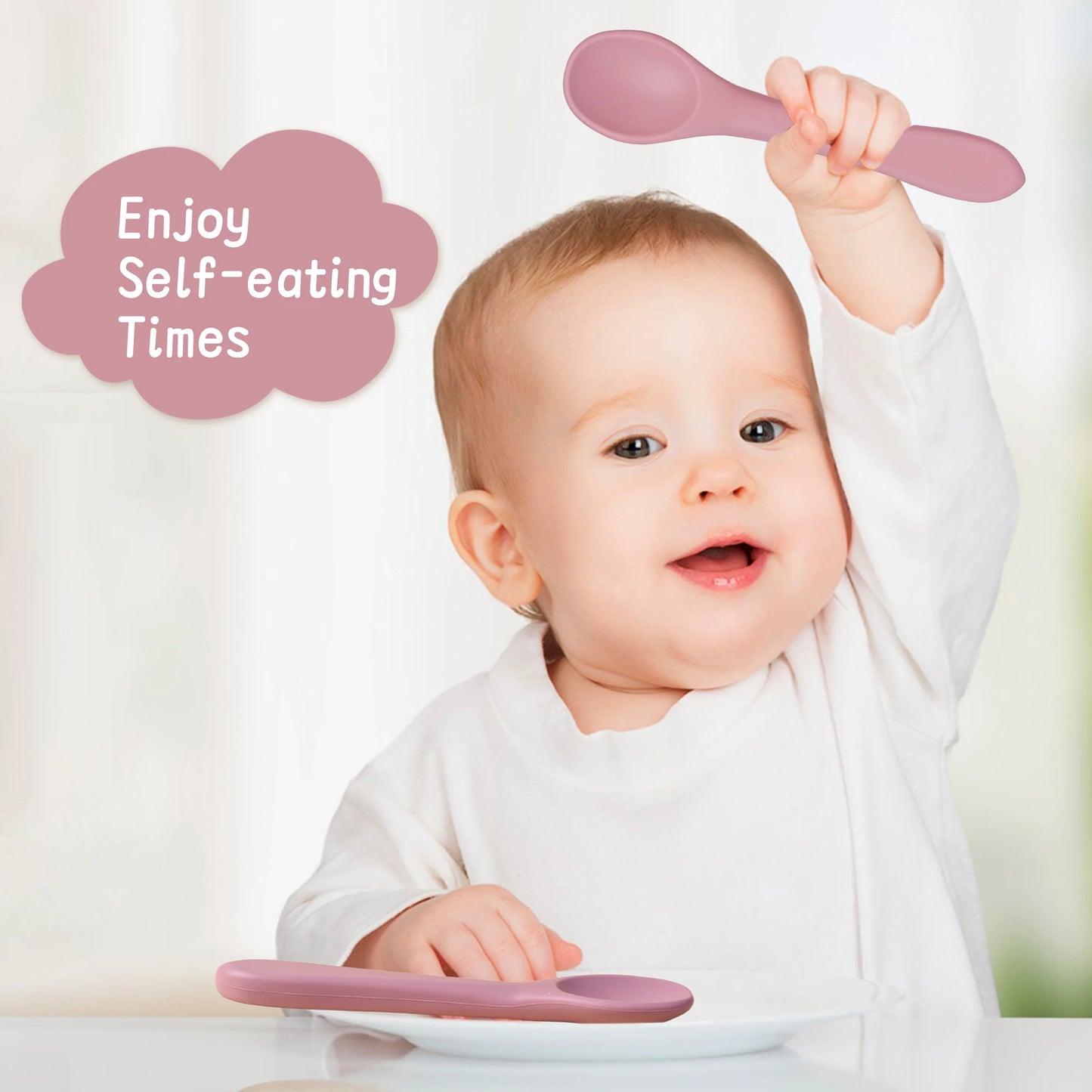 TYRY.HU 4PCS Children Silicone Tableware Baby Feeding Set Silicone Dinner Plate Silicone Spoon Fork Silicone Adjustment Bib 
