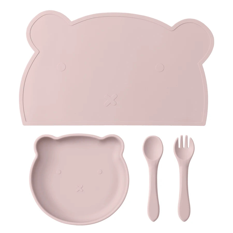 BPA Free 4PCS Silicone Children Tableware Baby Feeding Set Silicone Dinner Plate Spoon Fork Silicone Placemat Baby Stuff