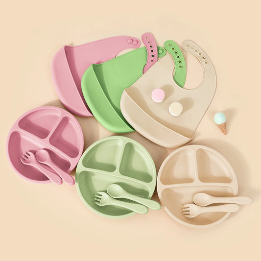 TYRY.HU 4PCS Children Silicone Tableware Baby Feeding Set Silicone Dinner Plate Silicone Spoon Fork Silicone Adjustment Bib ﻿