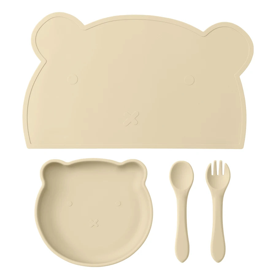 BPA Free 4PCS Silicone Children Tableware Baby Feeding Set Silicone Dinner Plate Spoon Fork Silicone Placemat Baby Stuff