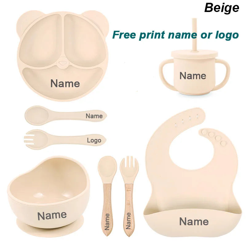 Feeding Set Silicone For Baby Sucker Bowl Dishes Plate For Kids Bear Plate Set Baby Tableware Children's Cup With Straw 8Pcs