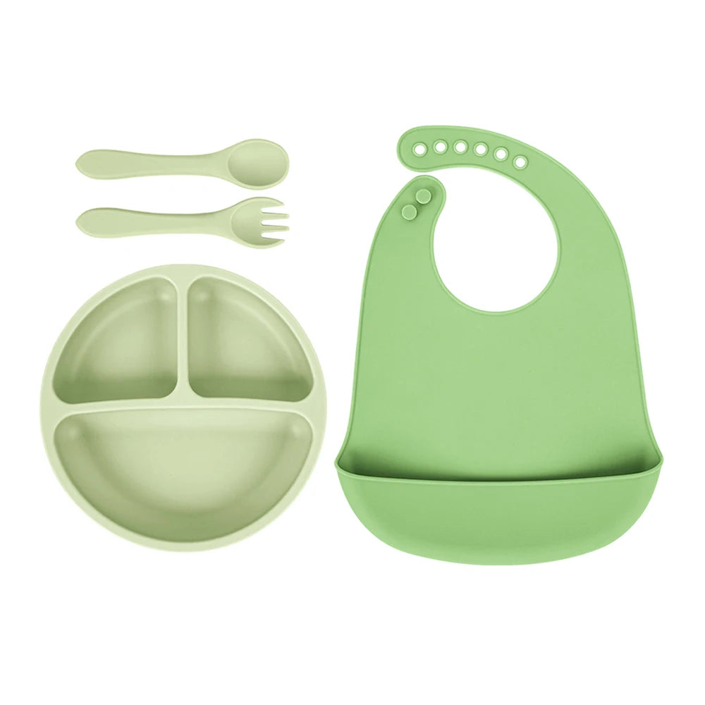 TYRY.HU 4PCS Children Silicone Tableware Baby Feeding Set Silicone Dinner Plate Silicone Spoon Fork Silicone Adjustment Bib ﻿