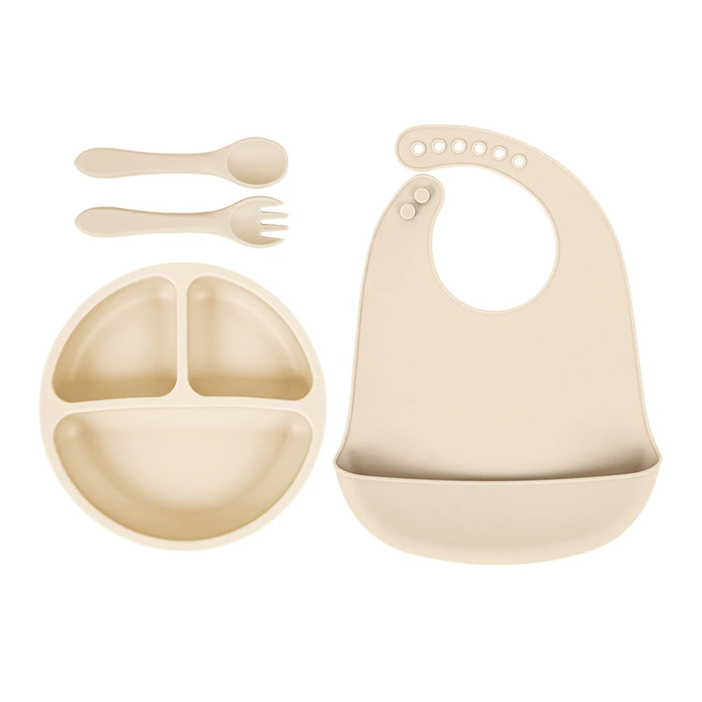 TYRY.HU 4PCS Children Silicone Tableware Baby Feeding Set Silicone Dinner Plate Silicone Spoon Fork Silicone Adjustment Bib ﻿