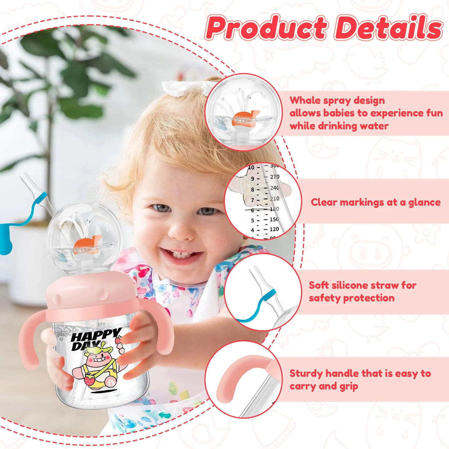 300ml Creative Whale Squirt Water Cup Detachable Lovely Baby Drinking Cup Leakproof Protable Kids Outdoor Travel Water Bottle