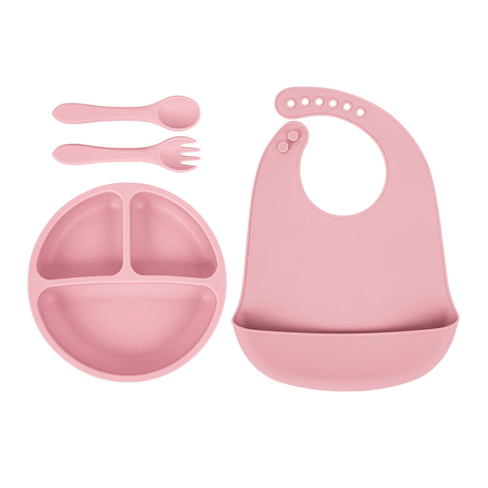 TYRY.HU 4PCS Children Silicone Tableware Baby Feeding Set Silicone Dinner Plate Silicone Spoon Fork Silicone Adjustment Bib ﻿