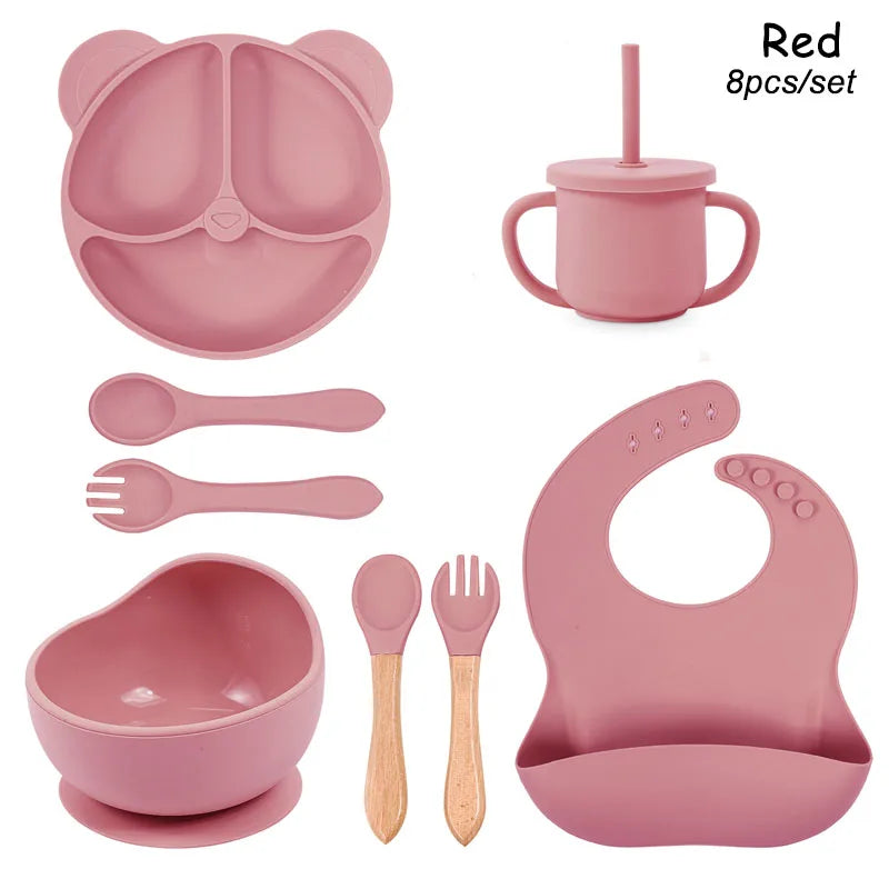 Feeding Set Silicone For Baby Sucker Bowl Dishes Plate For Kids Bear Plate Set Baby Tableware Children's Cup With Straw 8Pcs