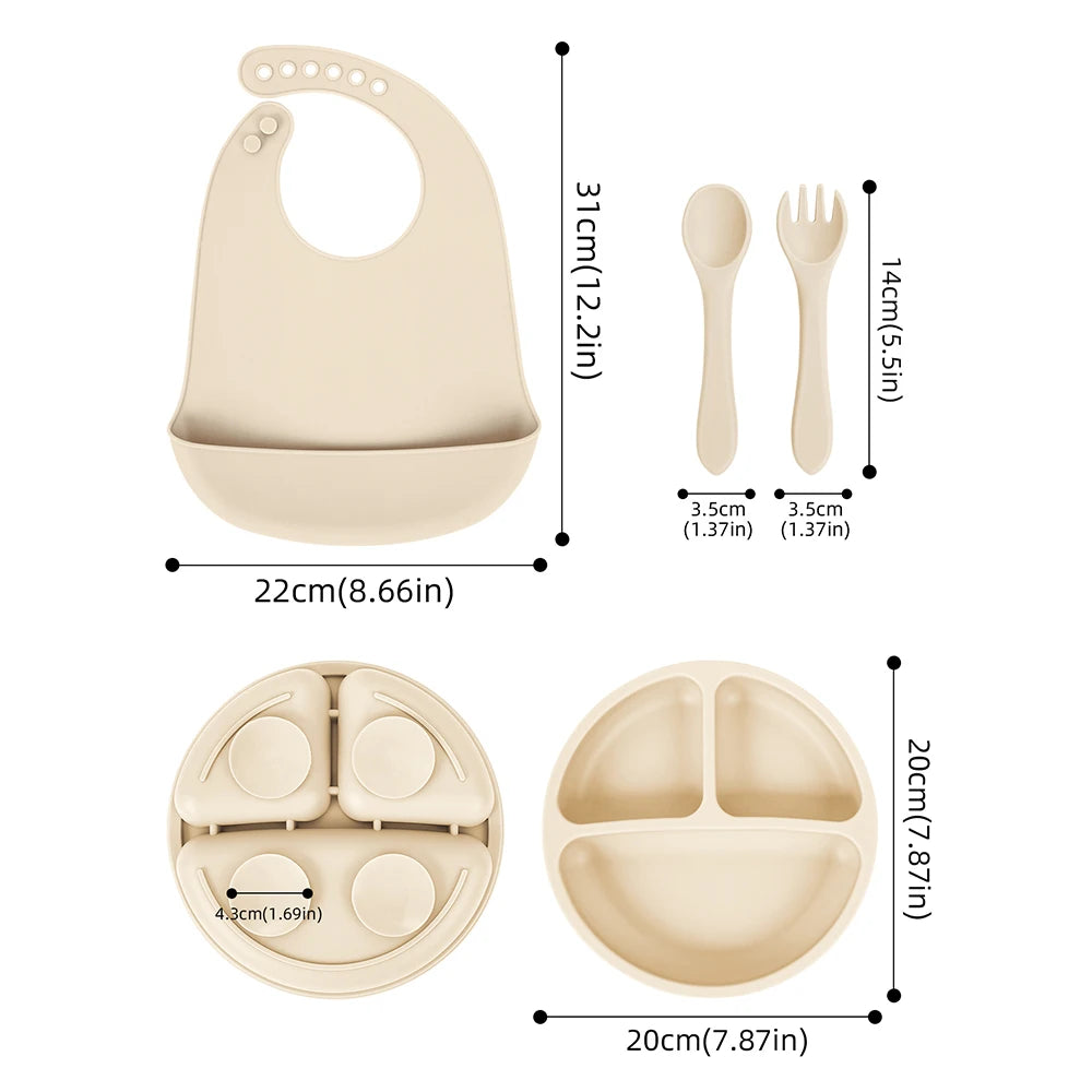 TYRY.HU 4PCS Children Silicone Tableware Baby Feeding Set Silicone Dinner Plate Silicone Spoon Fork Silicone Adjustment Bib ﻿