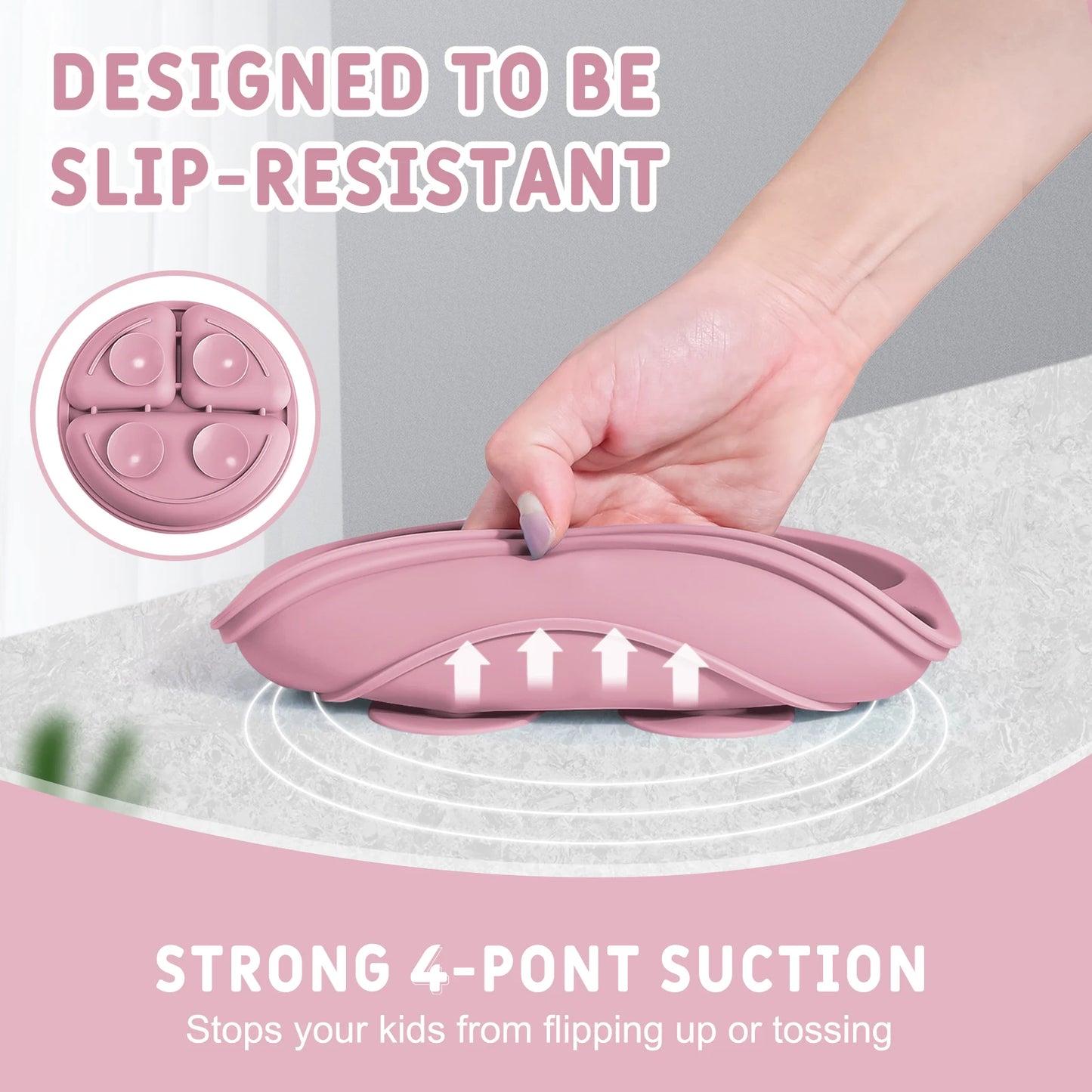 TYRY.HU 4PCS Children Silicone Tableware Baby Feeding Set Silicone Dinner Plate Silicone Spoon Fork Silicone Adjustment Bib ﻿
